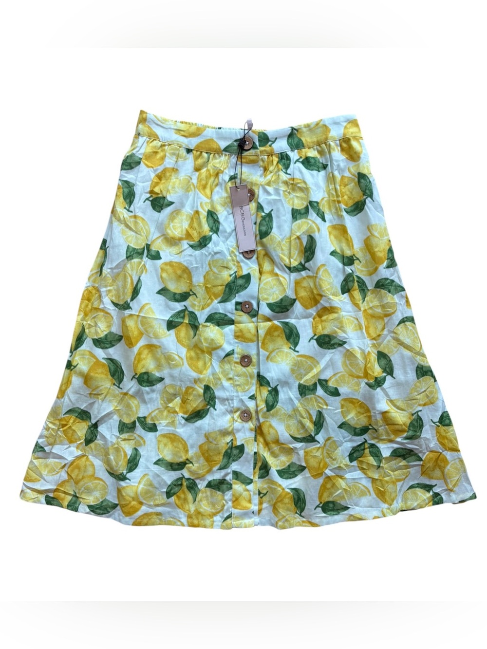 BCBG Lemon Midi Skirt M Button Front Coastal Cottagecore Summer Italian Girl